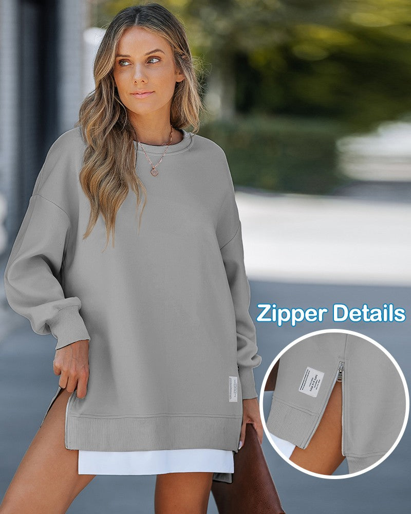 Long Sleeve Pullover Sweatshirt Zipper Slit Casual Dress