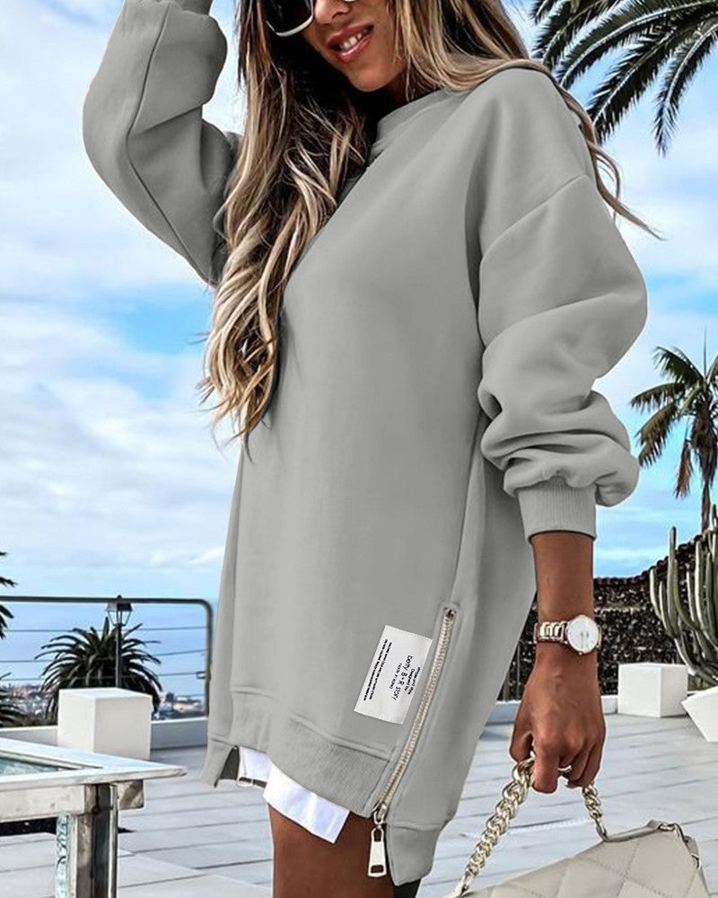 Long Sleeve Pullover Sweatshirt Zipper Slit Casual Dress