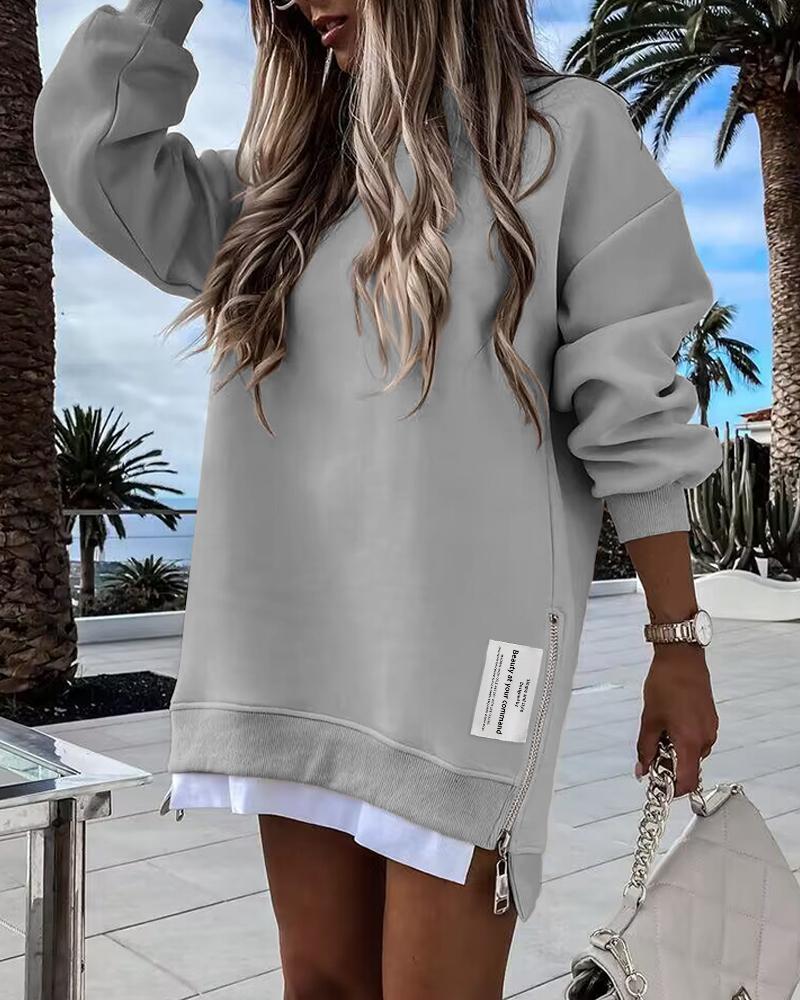 Long Sleeve Pullover Sweatshirt Zipper Slit Casual Dress