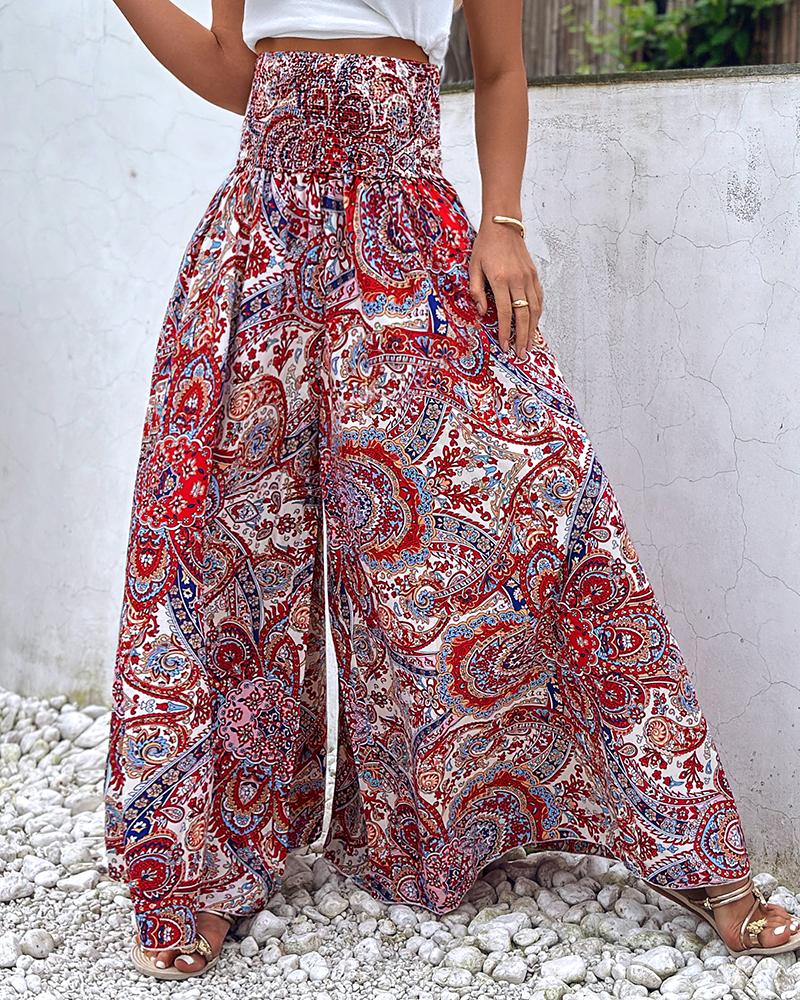 Geometric Tribal Print Shirred Wide Leg Pants