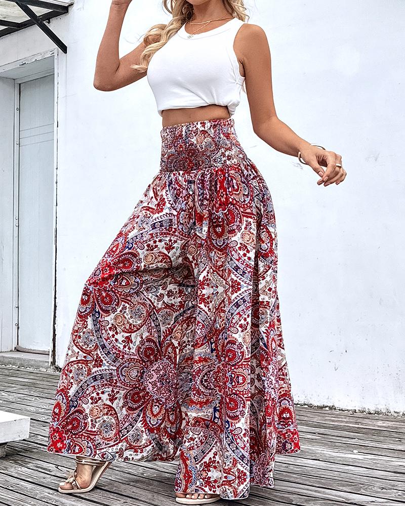 Geometric Tribal Print Shirred Wide Leg Pants