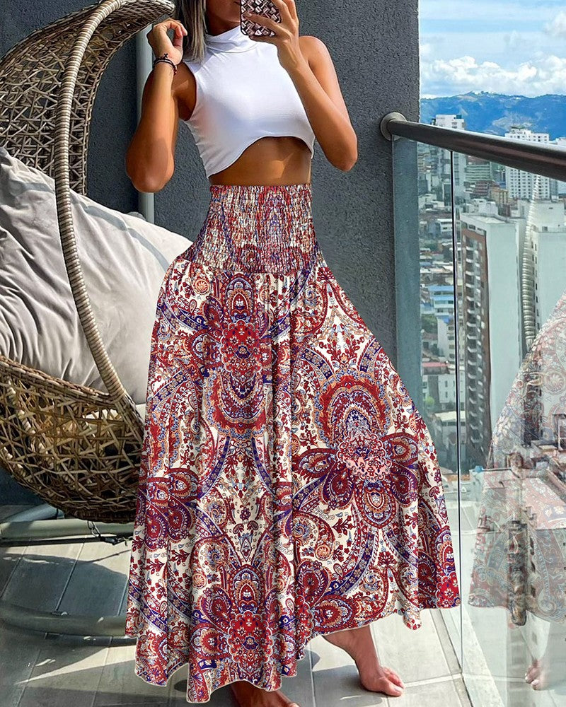 Geometric Tribal Print Shirred Wide Leg Pants