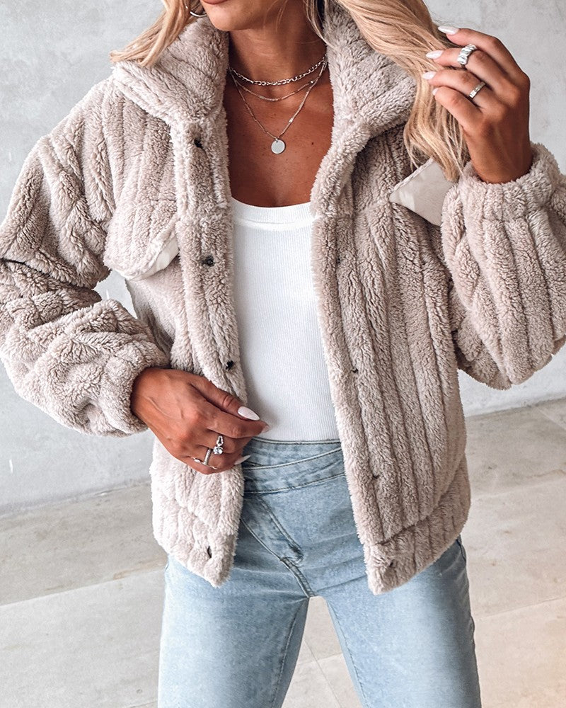 Turn-down Collar Buttoned Teddy Jacket