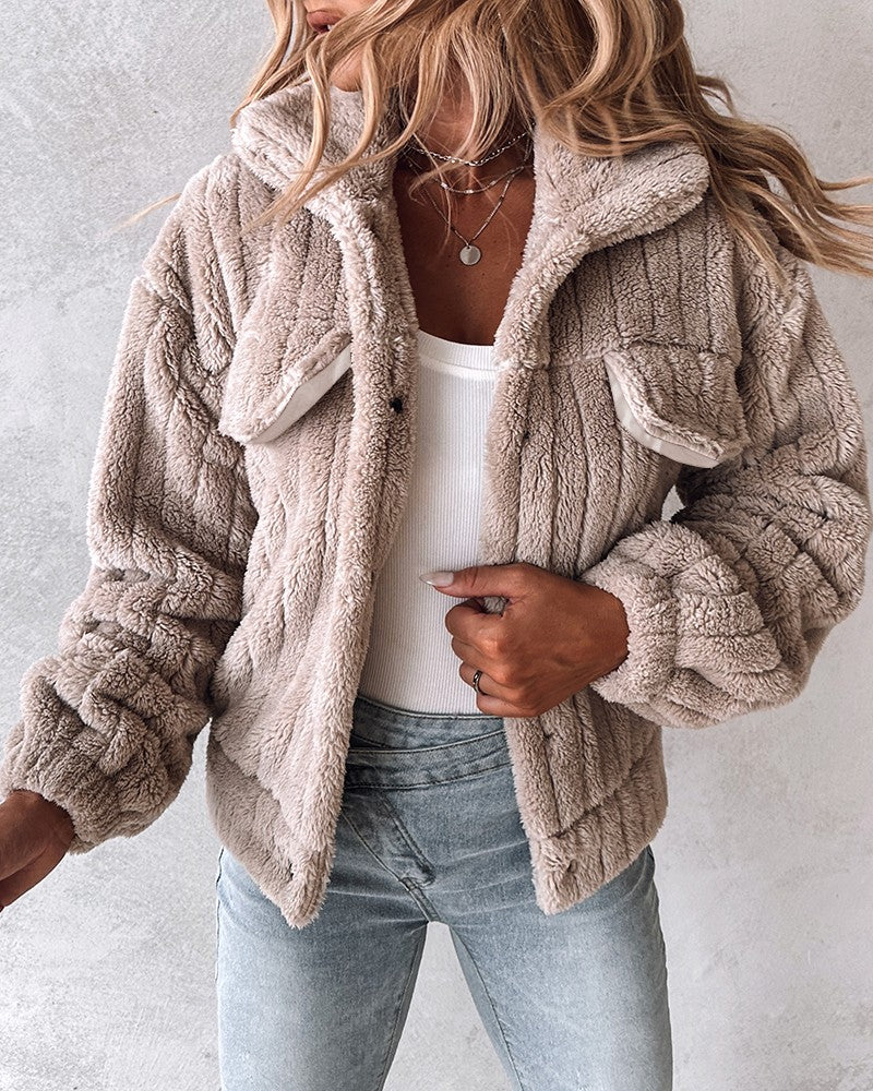 Turn-down Collar Buttoned Teddy Jacket