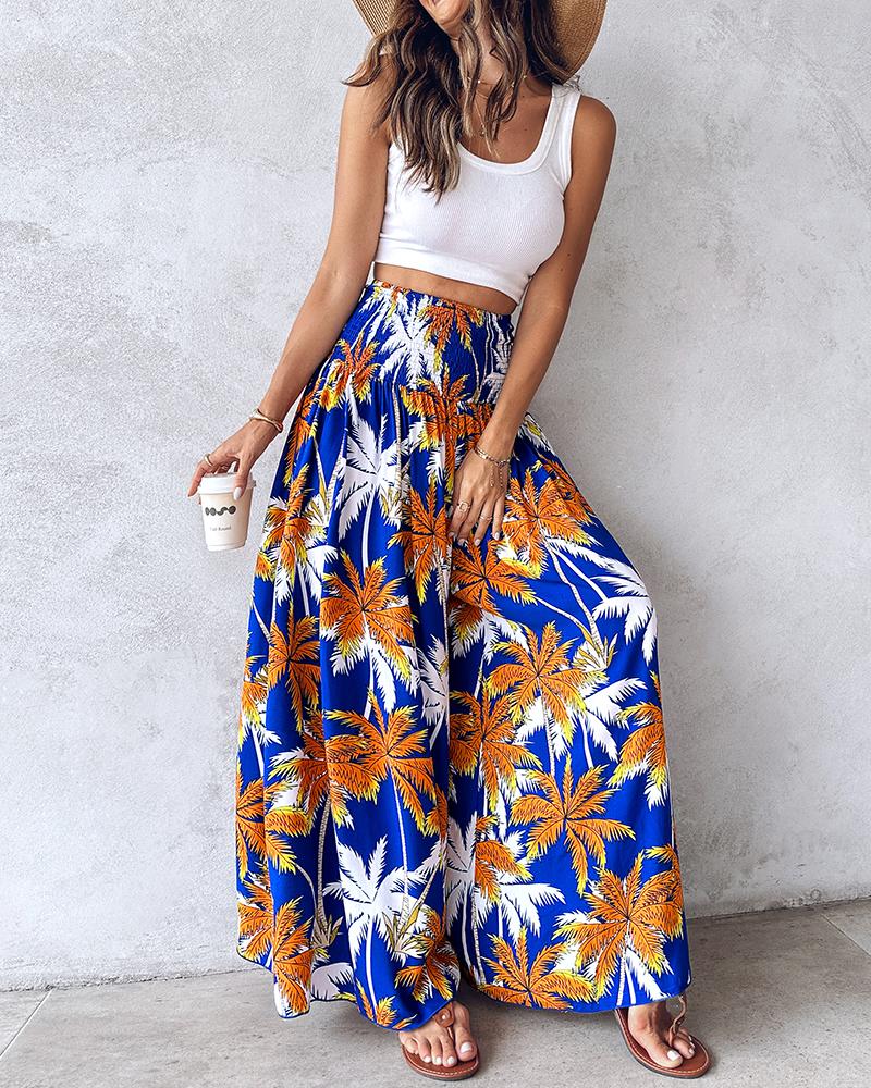 Geometric Tribal Print Shirred Wide Leg Pants