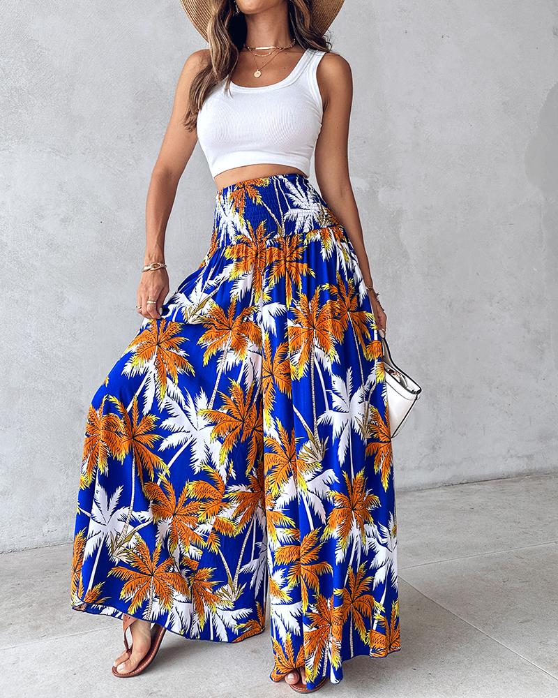 Geometric Tribal Print Shirred Wide Leg Pants