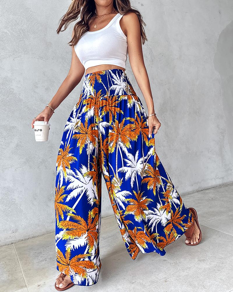 Geometric Tribal Print Shirred Wide Leg Pants