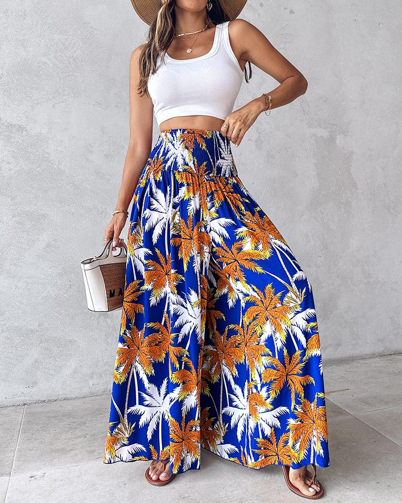 Geometric Tribal Print Shirred Wide Leg Pants