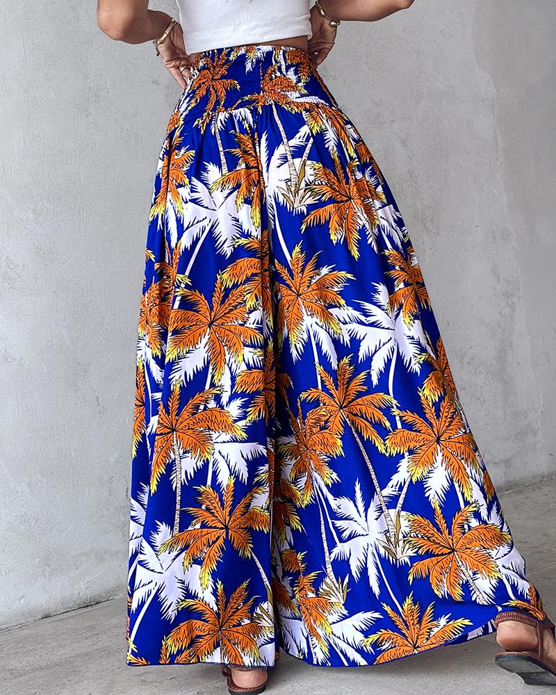 Geometric Tribal Print Shirred Wide Leg Pants