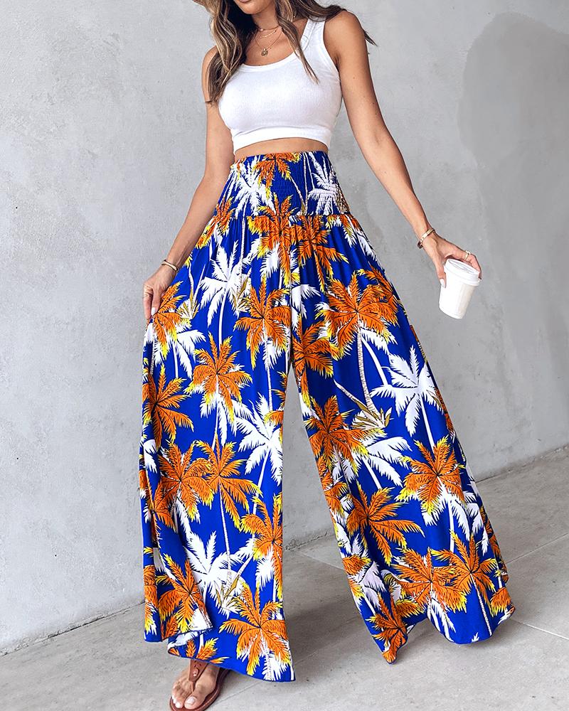 Geometric Tribal Print Shirred Wide Leg Pants