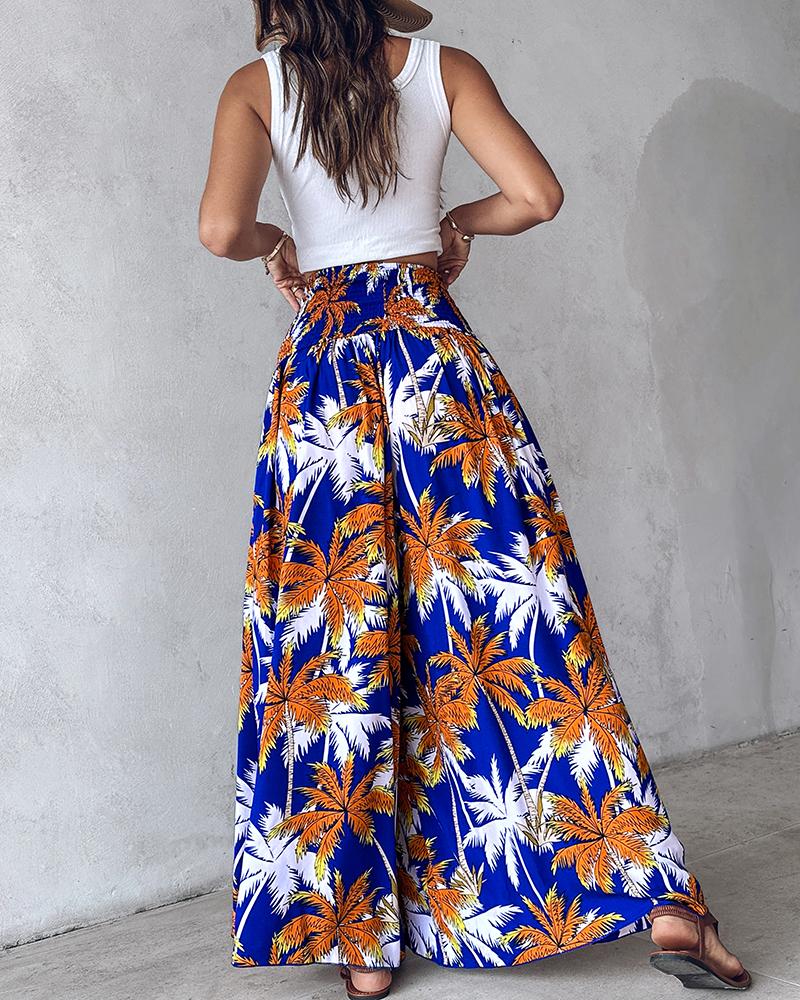 Geometric Tribal Print Shirred Wide Leg Pants