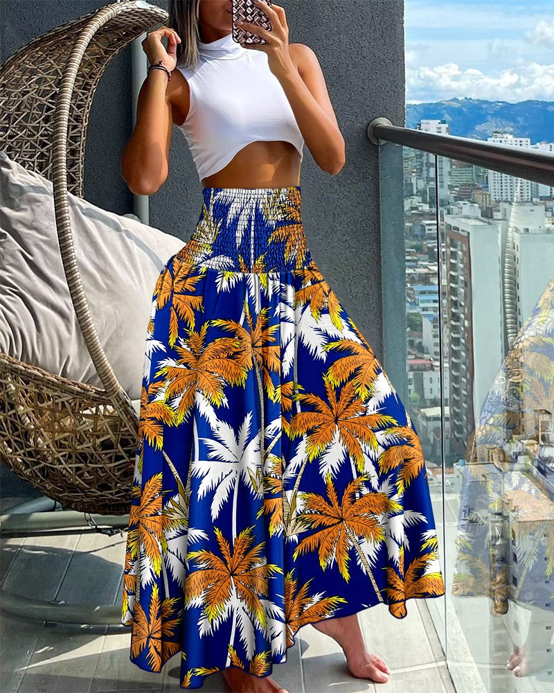 Geometric Tribal Print Shirred Wide Leg Pants