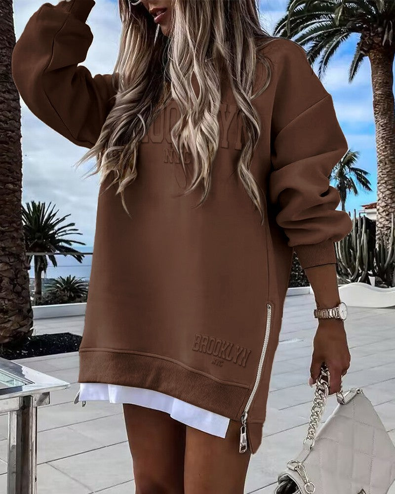 Long Sleeve Pullover Sweatshirt Zipper Slit Casual Dress