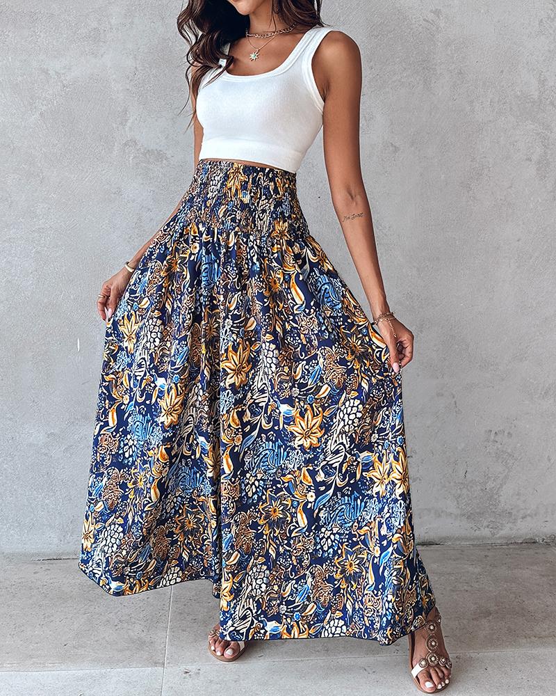 Geometric Tribal Print Shirred Wide Leg Pants