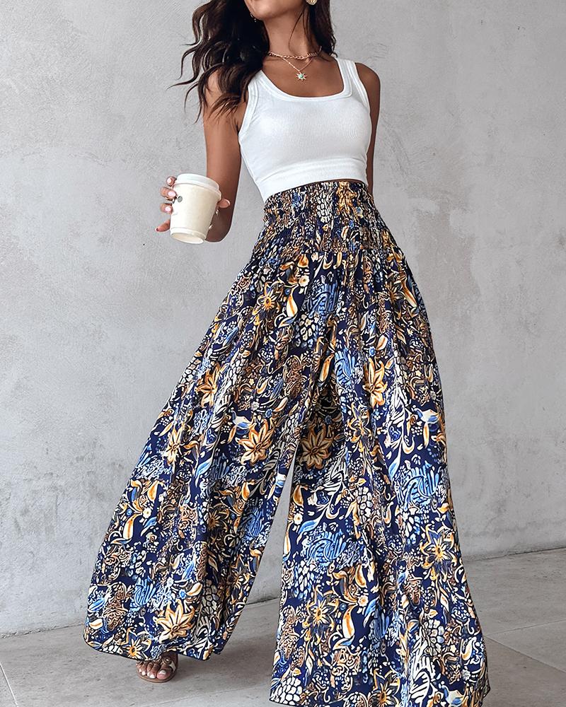 Geometric Tribal Print Shirred Wide Leg Pants