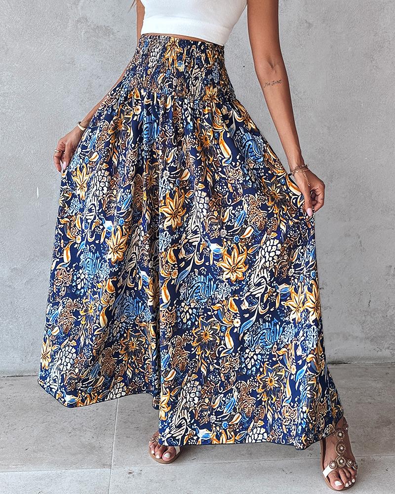 Geometric Tribal Print Shirred Wide Leg Pants