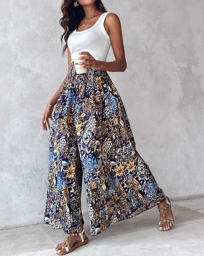 Geometric Tribal Print Shirred Wide Leg Pants