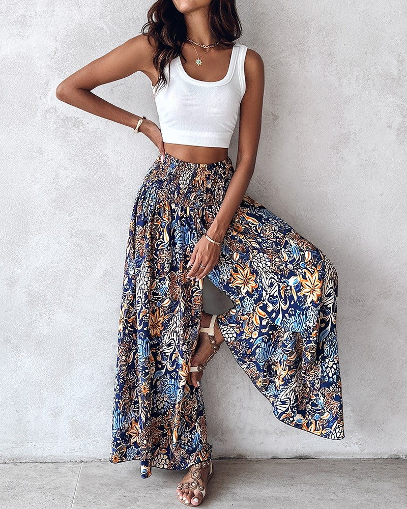 Geometric Tribal Print Shirred Wide Leg Pants