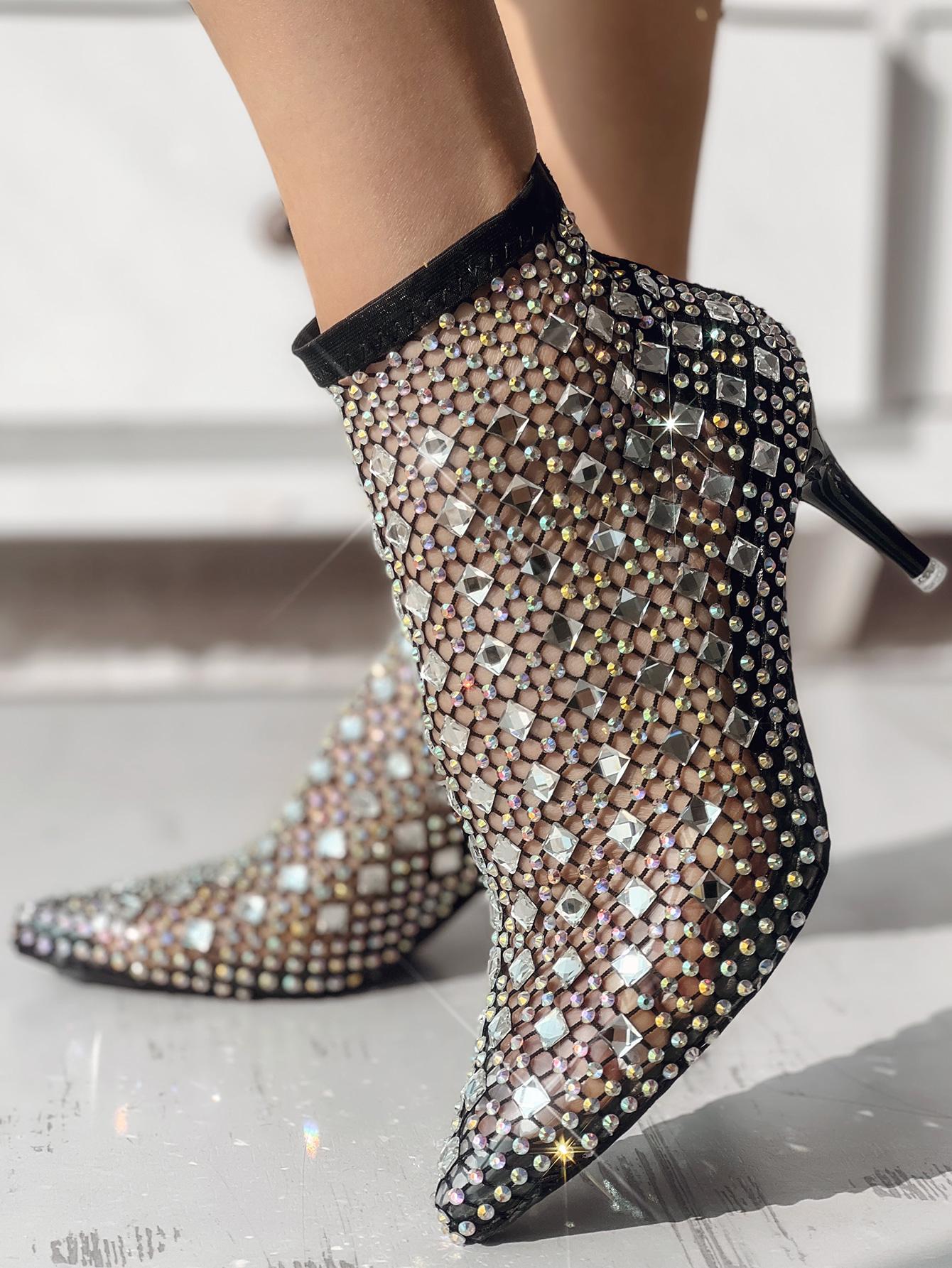 Hollow Out Rhinestone Stiletto Heel Boots