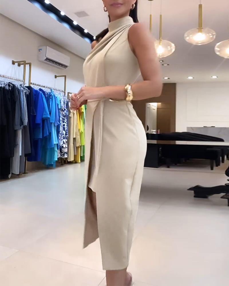 Ruched Sleeveless Slit Fake Two Piece Midi Dress