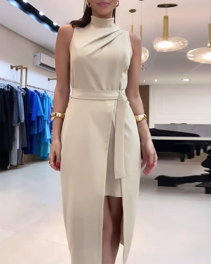 Ruched Sleeveless Slit Fake Two Piece Midi Dress