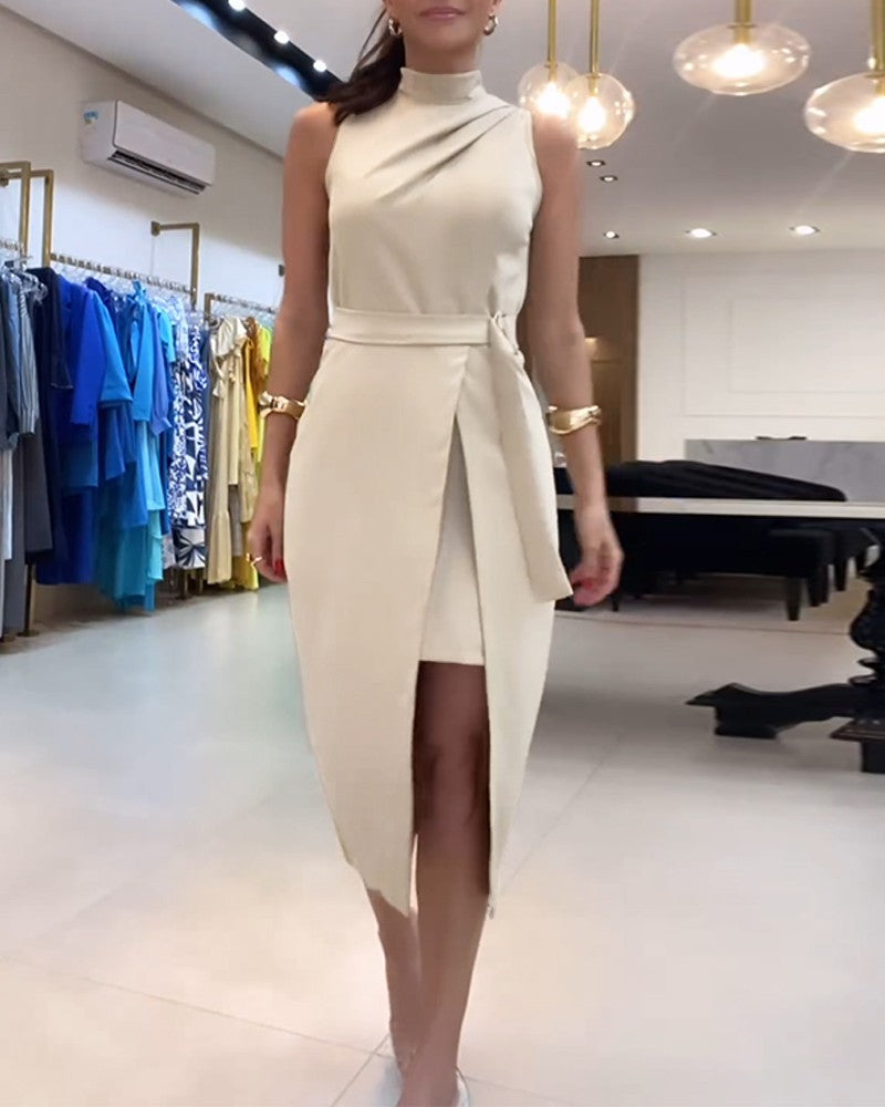 Ruched Sleeveless Slit Fake Two Piece Midi Dress