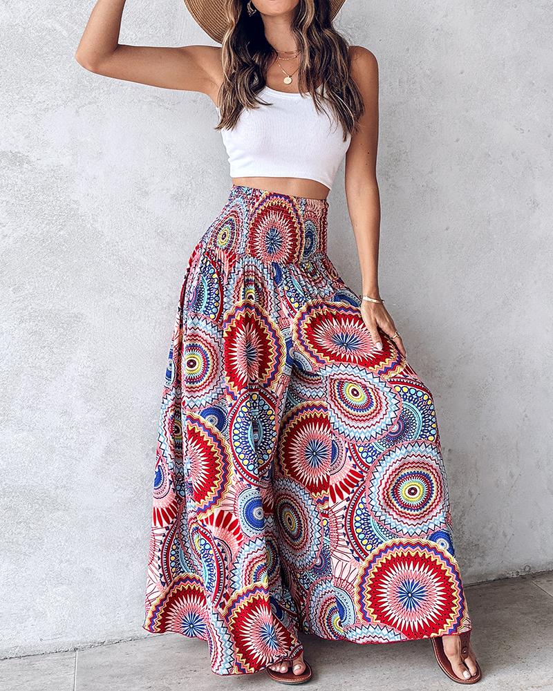 Geometric Tribal Print Shirred Wide Leg Pants