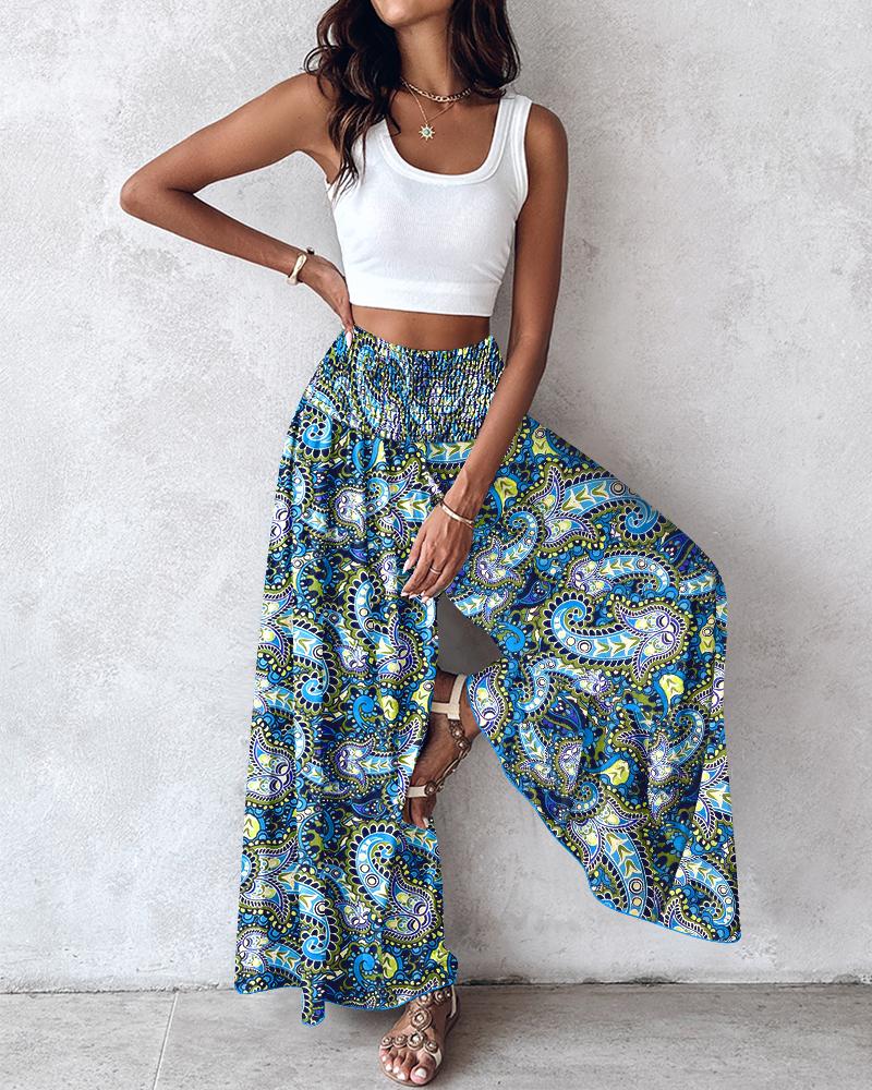 Geometric Tribal Print Shirred Wide Leg Pants