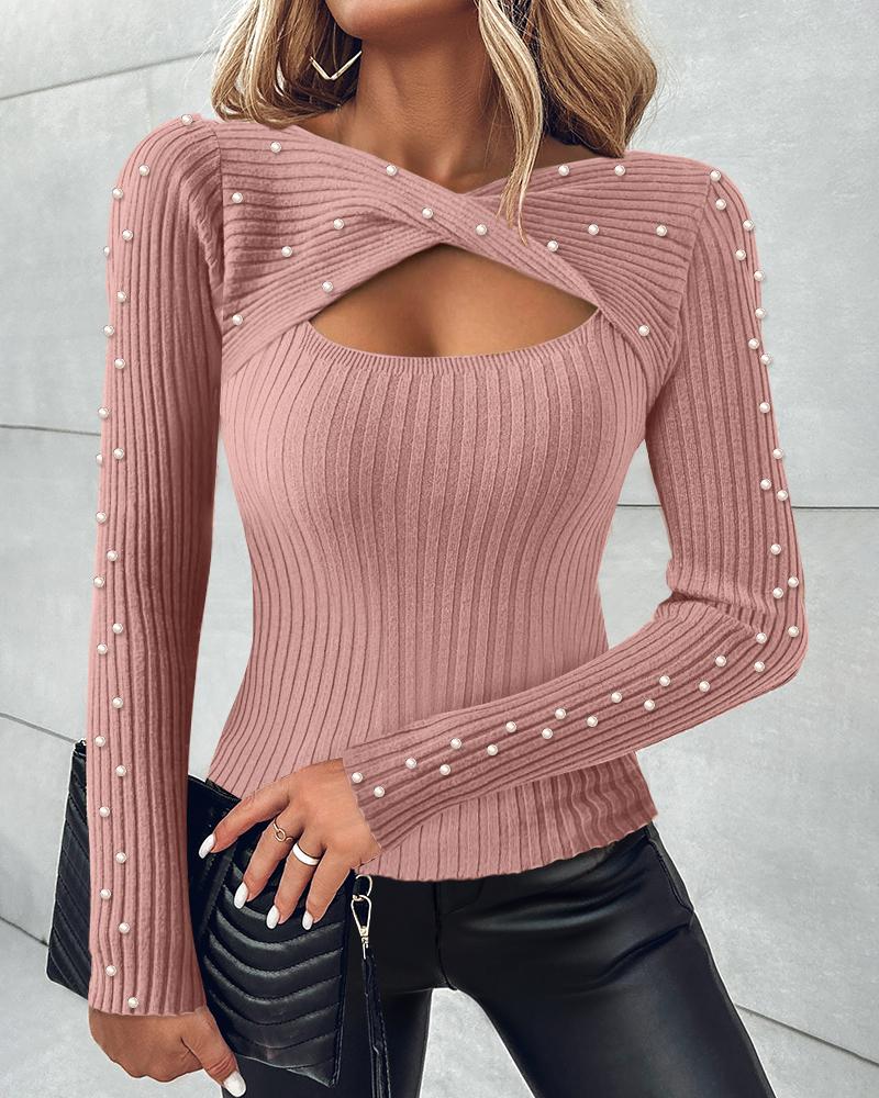 Rhinestone Decor Criss Cross Knit Sweater