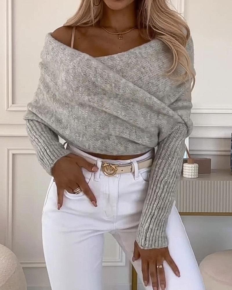 Wrap Off Shoulder Cropped Sweaters Long Sleeve Cross Front Solid Knitted Pullover Tops