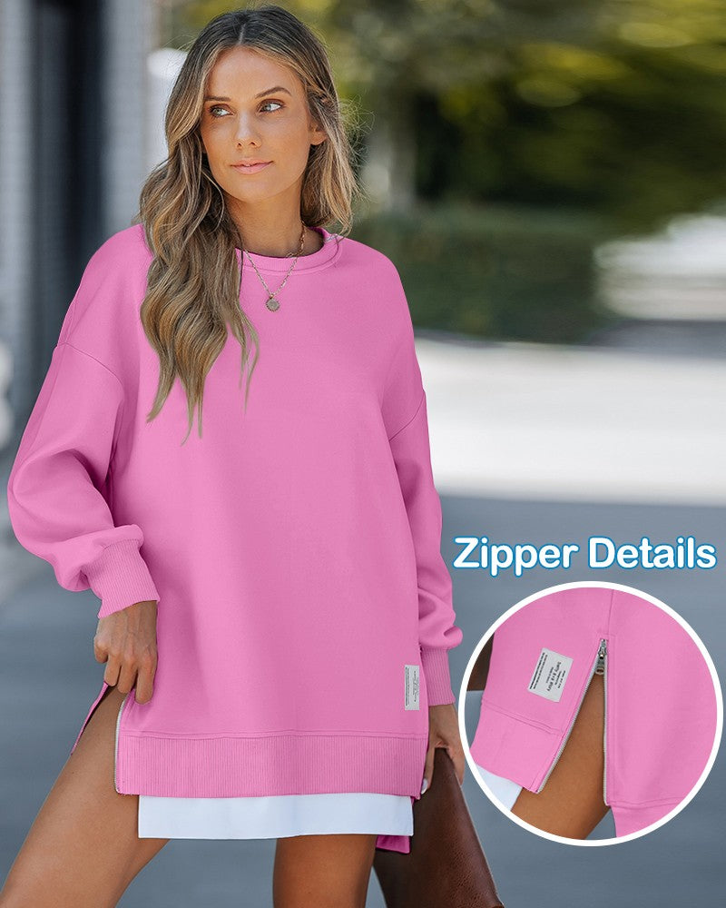 Long Sleeve Pullover Sweatshirt Zipper Slit Casual Dress