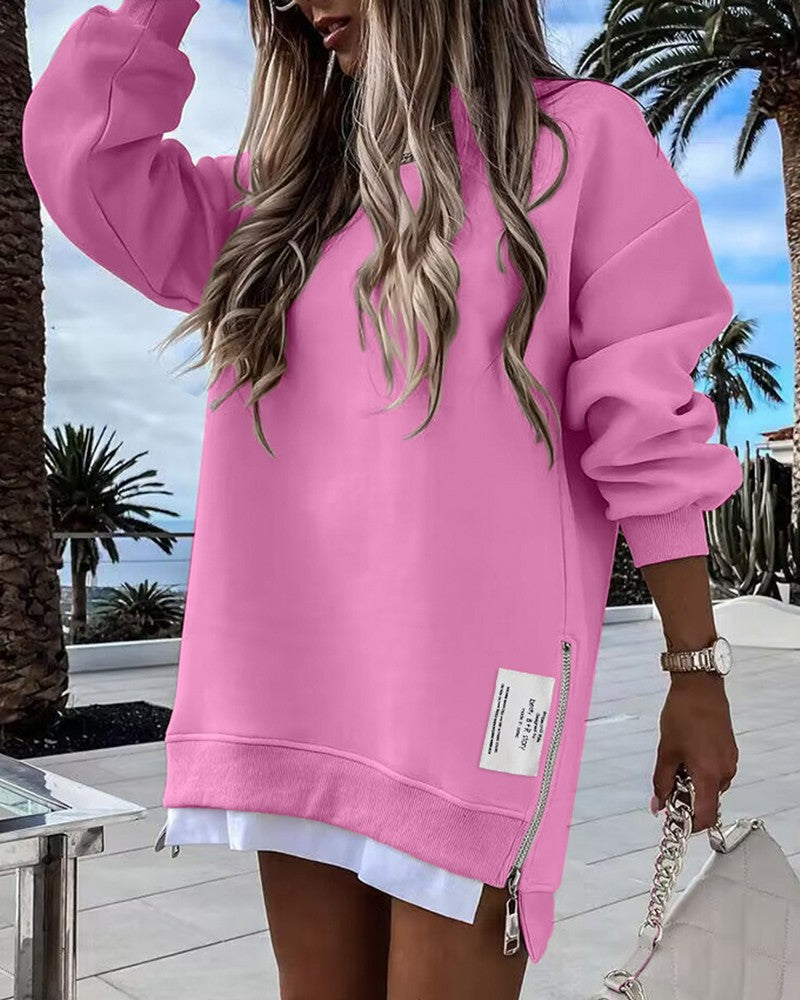 Long Sleeve Pullover Sweatshirt Zipper Slit Casual Dress