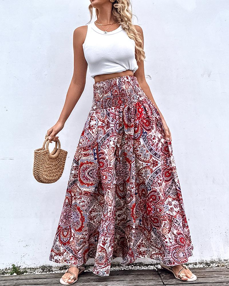 Geometric Tribal Print Shirred Wide Leg Pants