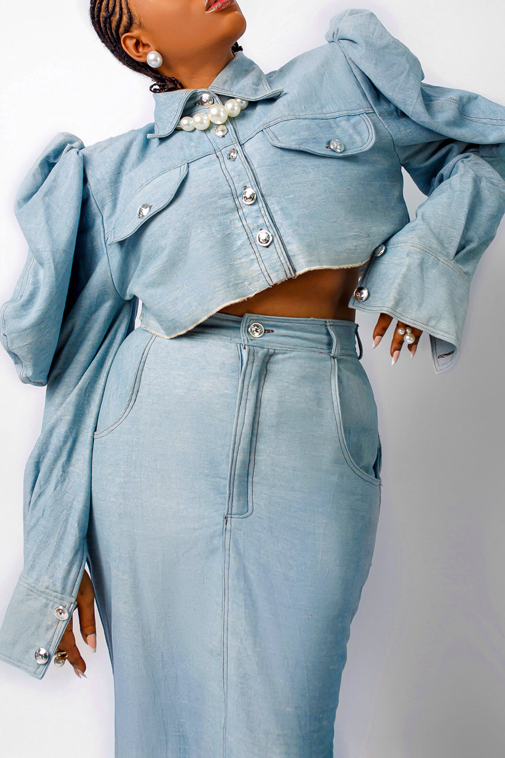 Plus Size Evening Gowns Light Blue Shirt Collar Long Sleeve Mermaid Tencel Denim Two Piece Skirt Sets [Pre-Order]