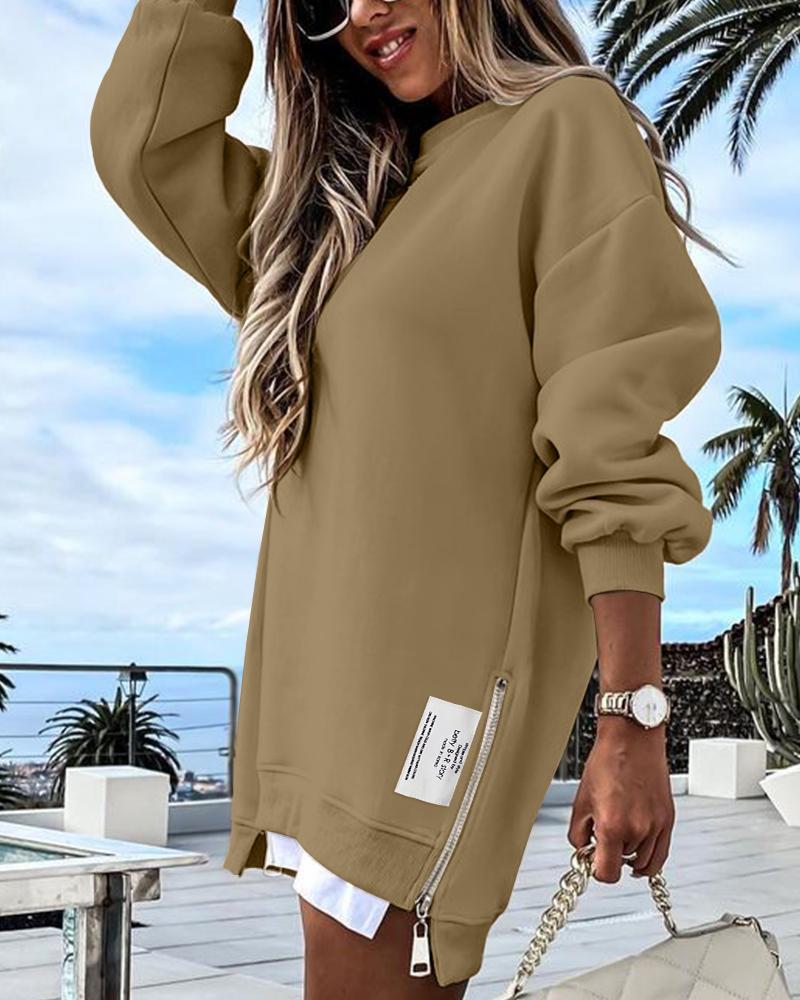 Long Sleeve Pullover Sweatshirt Zipper Slit Casual Dress