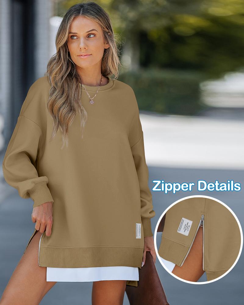 Long Sleeve Pullover Sweatshirt Zipper Slit Casual Dress