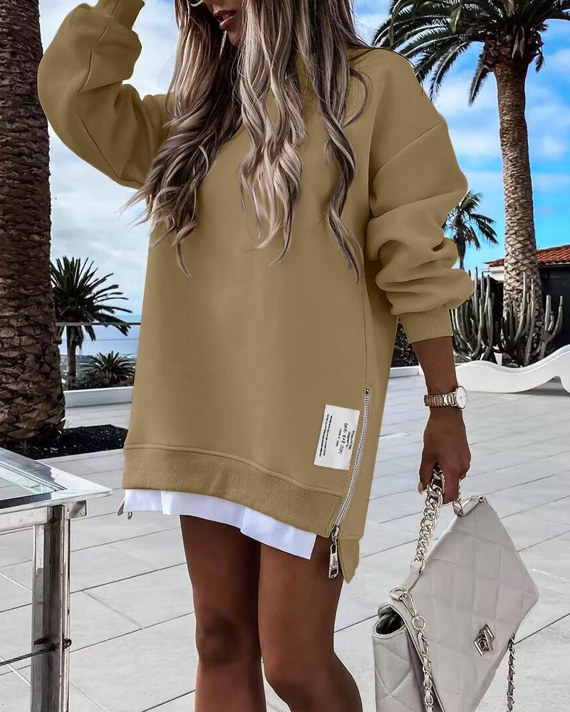 Long Sleeve Pullover Sweatshirt Zipper Slit Casual Dress