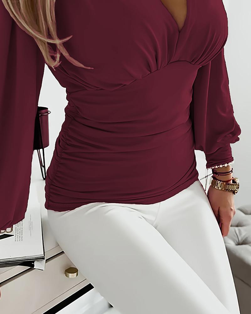 Plunge Neck Lantern Sleeve Ruched Long Sleeve Blouse Top