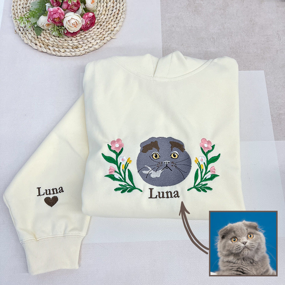 Custom Embroidered Sweatshirt With Pet Portrait  Flower