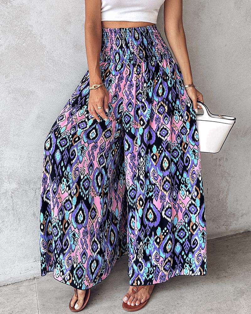 Geometric Tribal Print Shirred Wide Leg Pants