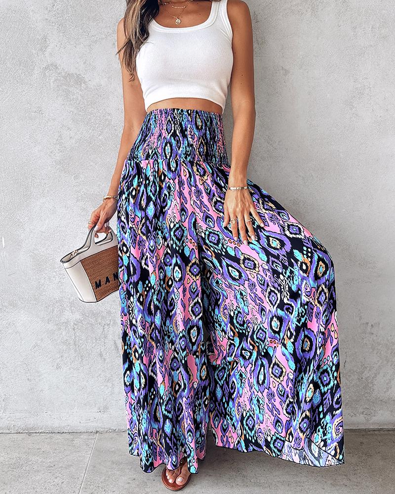 Geometric Tribal Print Shirred Wide Leg Pants