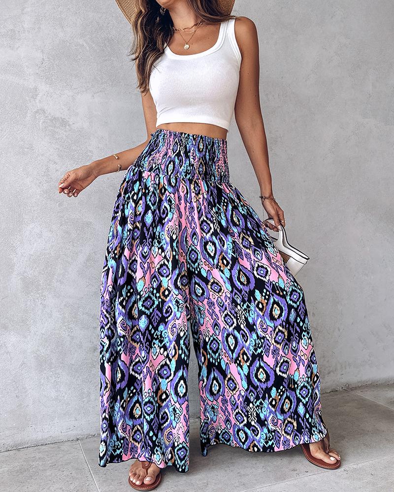 Geometric Tribal Print Shirred Wide Leg Pants