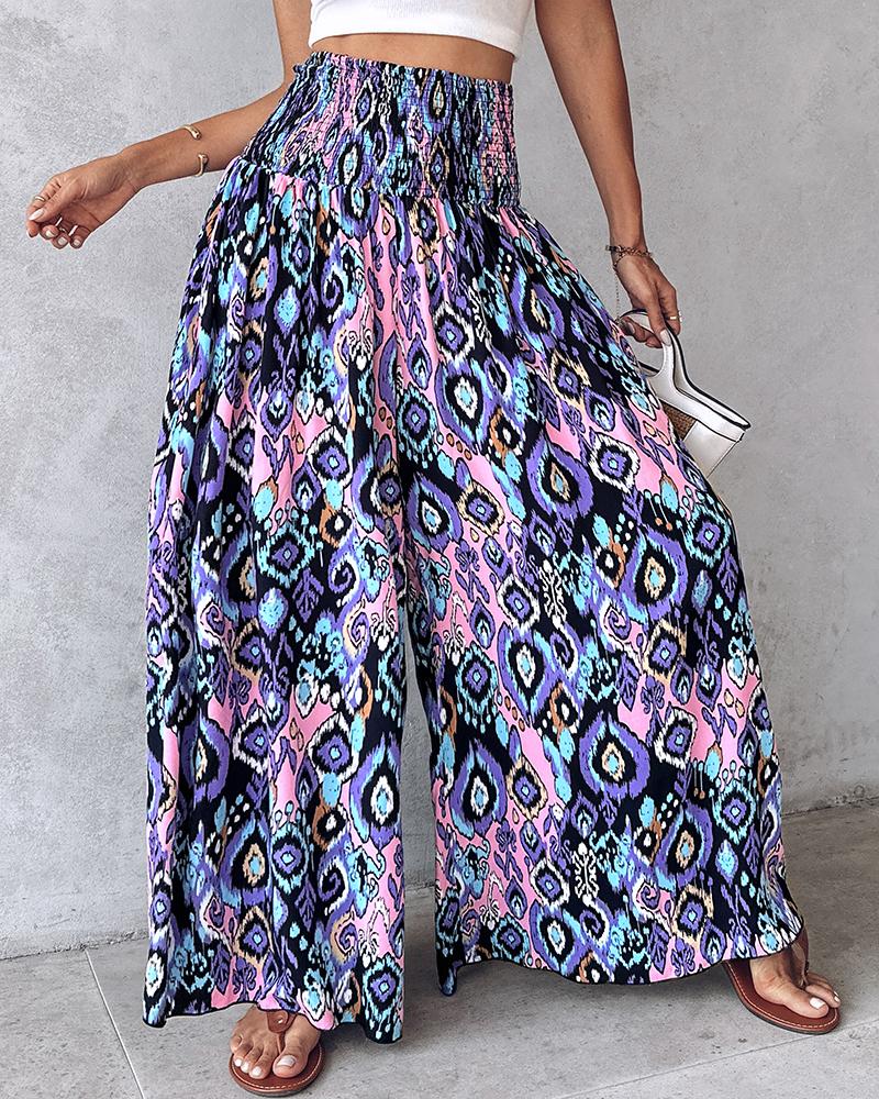 Geometric Tribal Print Shirred Wide Leg Pants