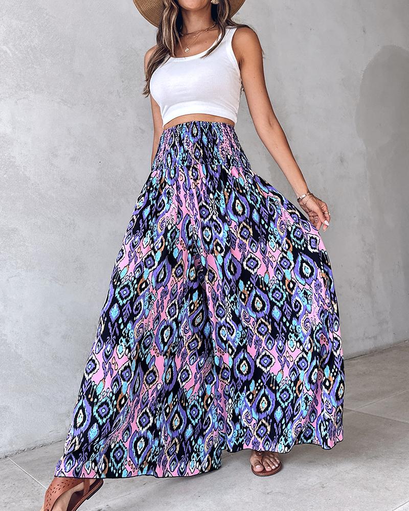 Geometric Tribal Print Shirred Wide Leg Pants