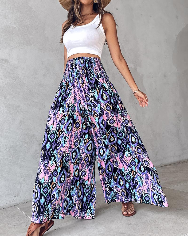 Geometric Tribal Print Shirred Wide Leg Pants