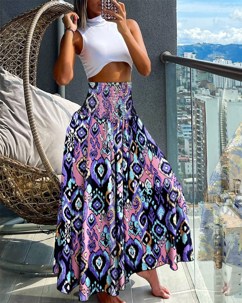 Geometric Tribal Print Shirred Wide Leg Pants