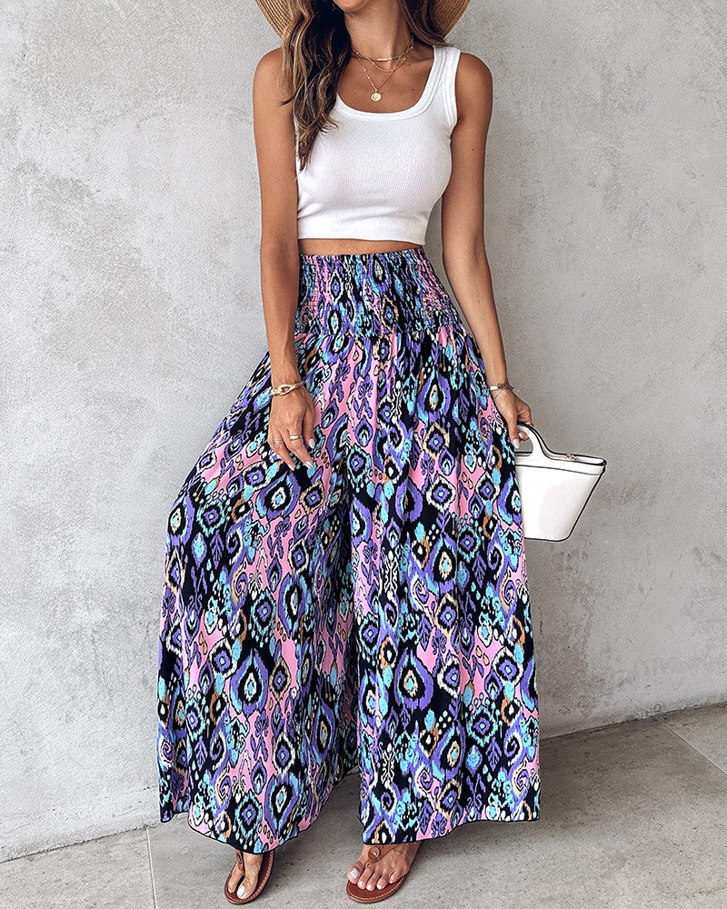 Geometric Tribal Print Shirred Wide Leg Pants