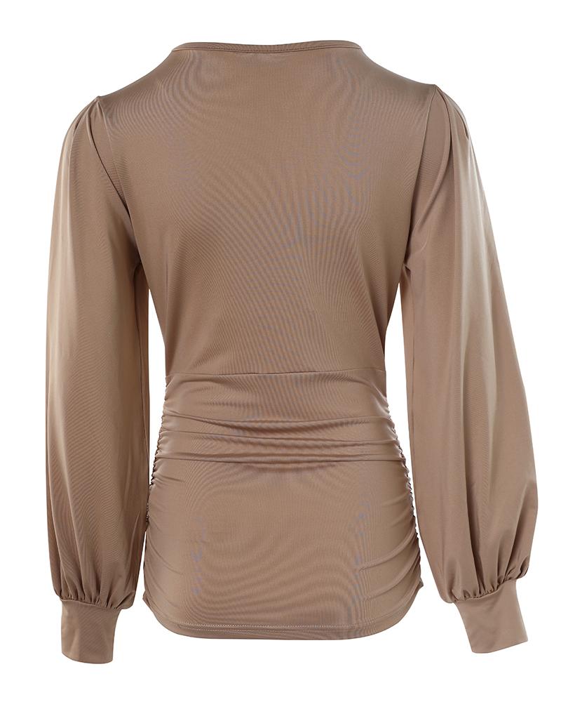 Plunge Neck Lantern Sleeve Ruched Long Sleeve Blouse Top