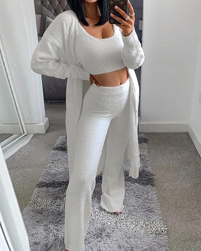 3 Piece Fuzzy Sweatsuit Open Front Cardigan Crop Tank Tops Pants with Pockets Lounge Sets