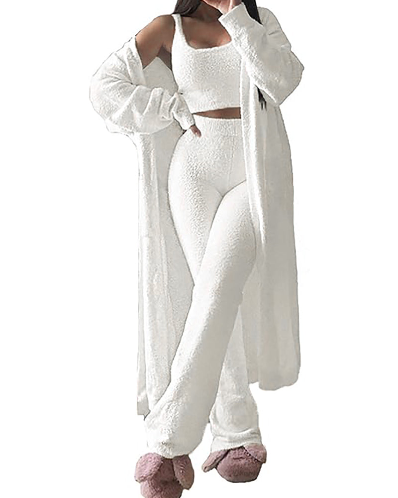 3 Piece Fuzzy Sweatsuit Open Front Cardigan Crop Tank Tops Pants with Pockets Lounge Sets